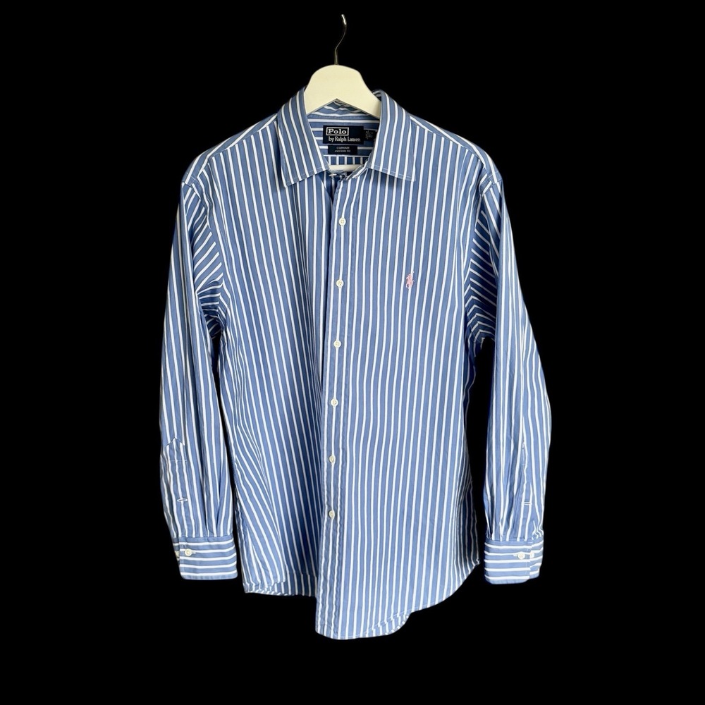 Vintage Ralph Lauren Curham Custom Fit Shirt Sz 16.5 Striped Blue Pink‎ Pony